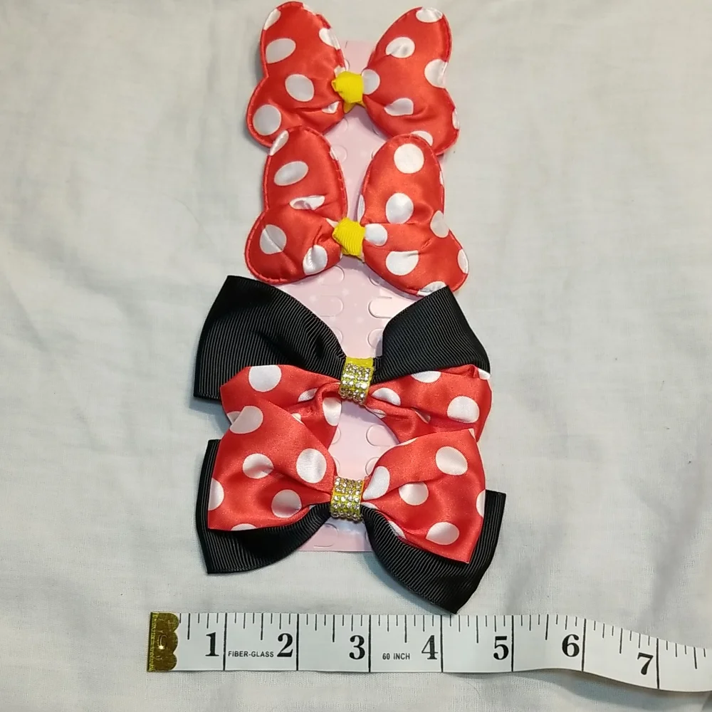 GIRLS MOUSE EARS 6' BOW WITH SEQUINS SET OF PEARL MOUSE CLIPS 4 BOWS - Picture 9 of 10